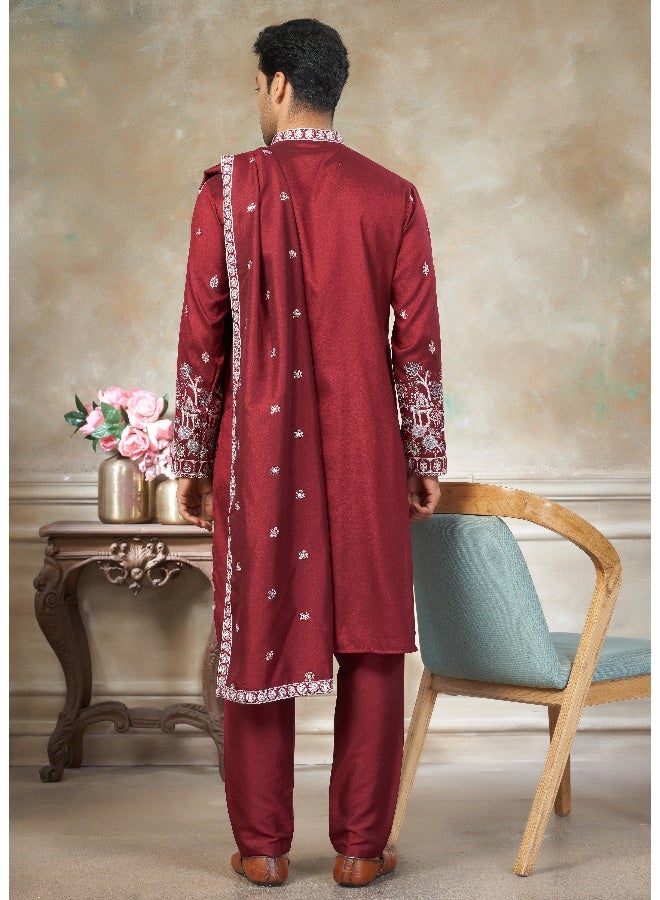 OUTLUK Embroidered Red Kurta with Cotton Pajama for Men - Image 2